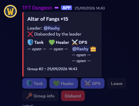 The Final Tribe Discord LFG tool showing a queued Altar of Fangs +15 with open tank, healer and DPS spots